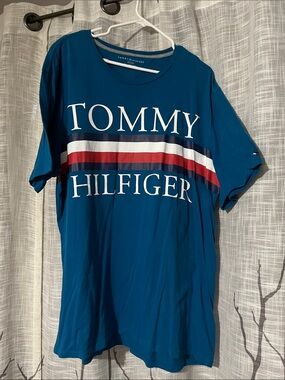 Old School Tommy Hilfiger Teal Blue Logo Stripe Tee
